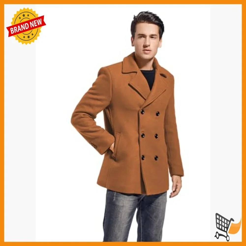 Slim Fit Wool Blend Pea Coat Double Breasted Winter Overcoat Long Sleeve